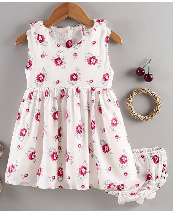 Babyhug 100% Rayon Sleeveless Frock With Bloomer Floral Print- White Pink