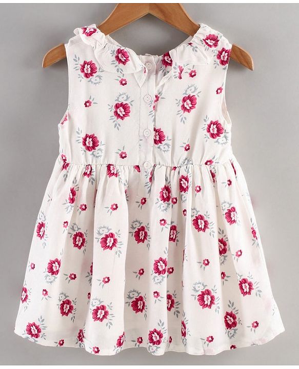 Babyhug 100% Rayon Sleeveless Frock With Bloomer Floral Print- White Pink