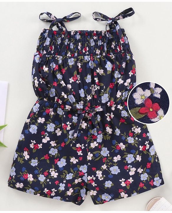 Babyhug 100 % Rayon Sleeveless Jumpsuit Floral Print- Blue