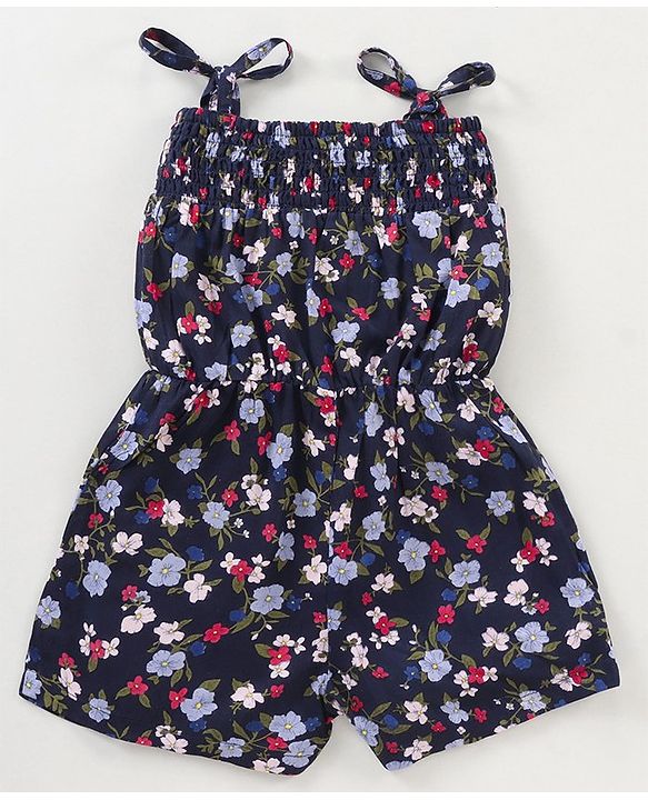 Babyhug 100 % Rayon Sleeveless Jumpsuit Floral Print- Blue