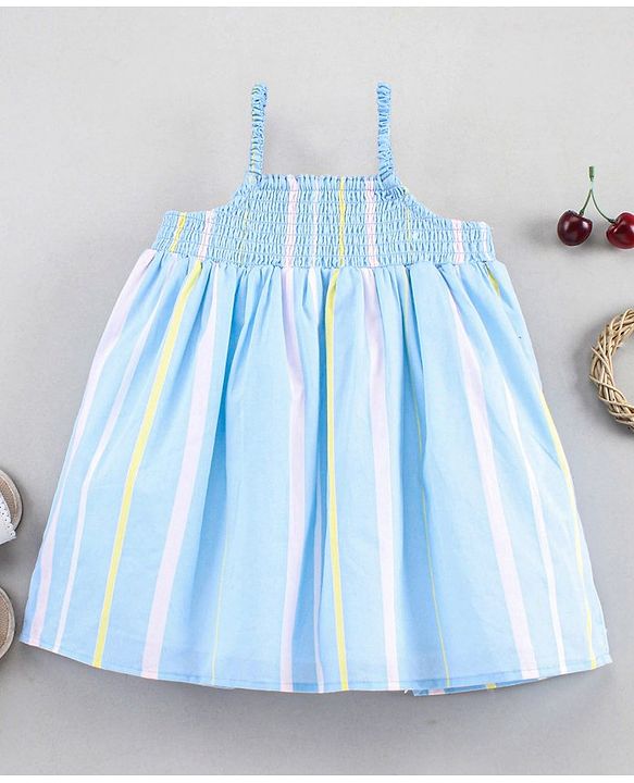 Babyhug 100% Cotton Yarn Dyed Smocked Singlet Striped Frock - Blue