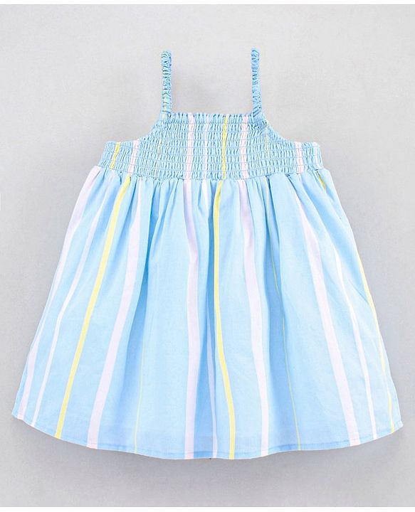 Babyhug 100% Cotton Yarn Dyed Smocked Singlet Striped Frock - Blue