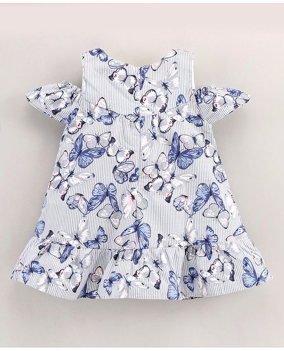 Babyhug 100% Cotton Yarn Dyed Cold Shoulder Sleeves Frock With Stripes & Butterfly Print - Blue