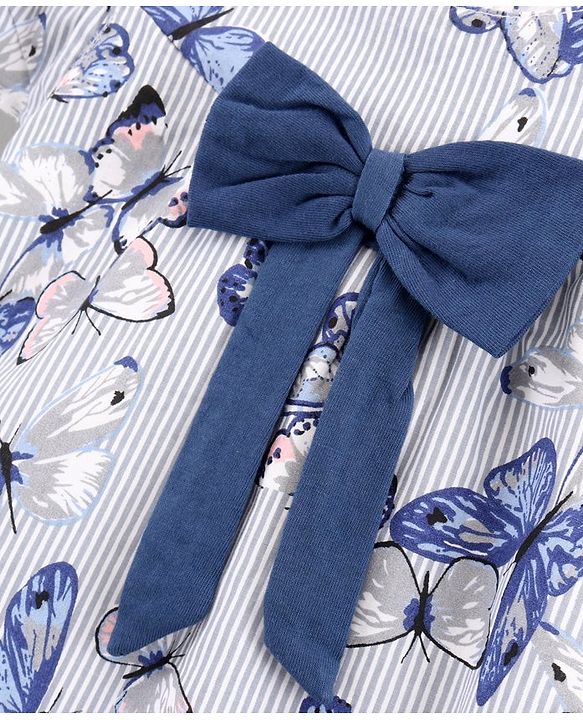Babyhug 100% Cotton Yarn Dyed Cold Shoulder Sleeves Frock With Stripes & Butterfly Print - Blue