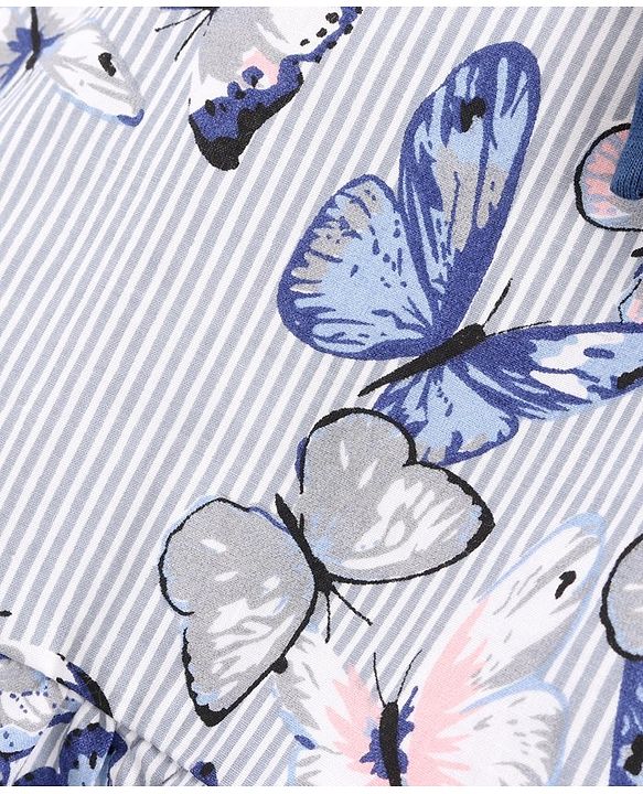 Babyhug 100% Cotton Yarn Dyed Cold Shoulder Sleeves Frock With Stripes & Butterfly Print - Blue