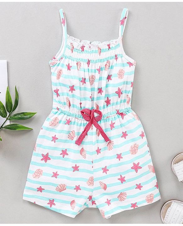 Babyhug 100% Cotton Sleeveless Jumpsuit Stripes & Stars Print - White