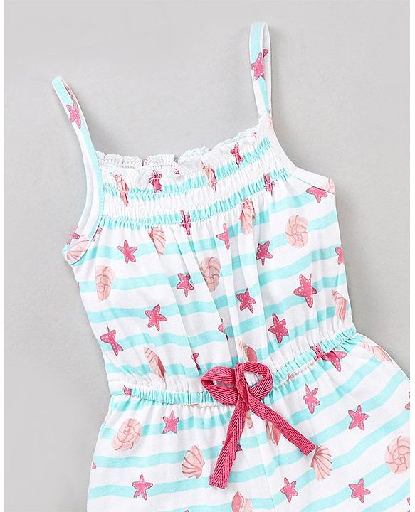 Babyhug 100% Cotton Sleeveless Jumpsuit Stripes & Stars Print - White