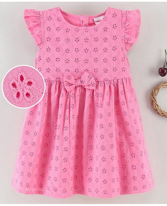 Babyhug Frill Sleeves Frock Dress Schiffli Design - Pink