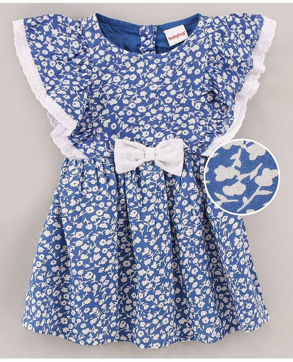 Babyhug 100% Rayon Flutter Sleeves Frock Floral Print & Bow Applique - Blue