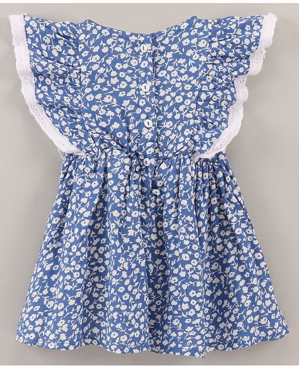 Babyhug 100% Rayon Flutter Sleeves Frock Floral Print & Bow Applique - Blue