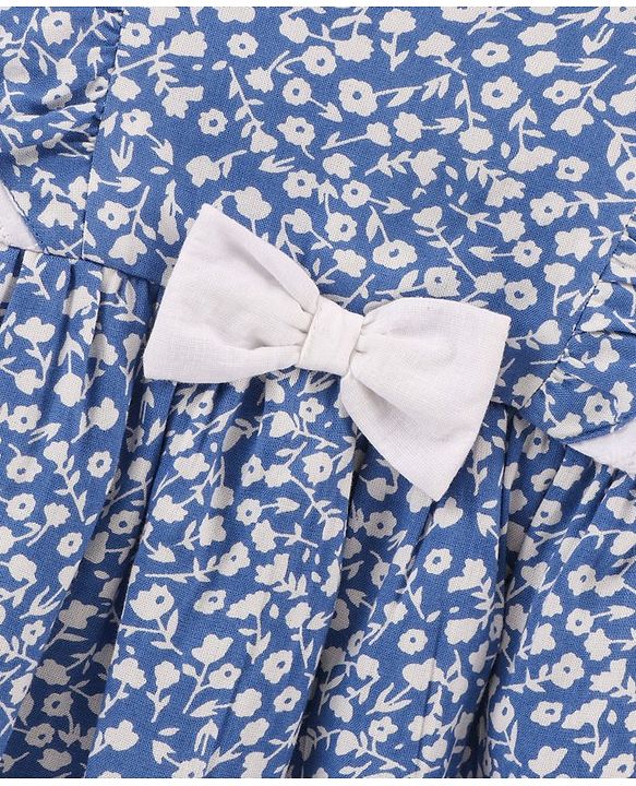 Babyhug 100% Rayon Flutter Sleeves Frock Floral Print & Bow Applique - Blue