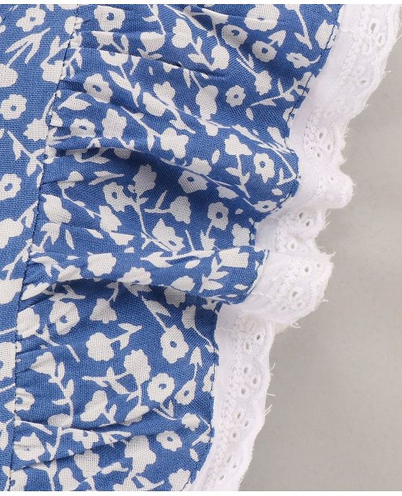 Babyhug 100% Rayon Flutter Sleeves Frock Floral Print & Bow Applique - Blue