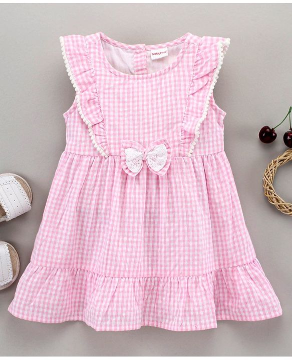 Babyhug 100 % Cotton Sleeveless Frock With Bow Applique Checks Print- Pink