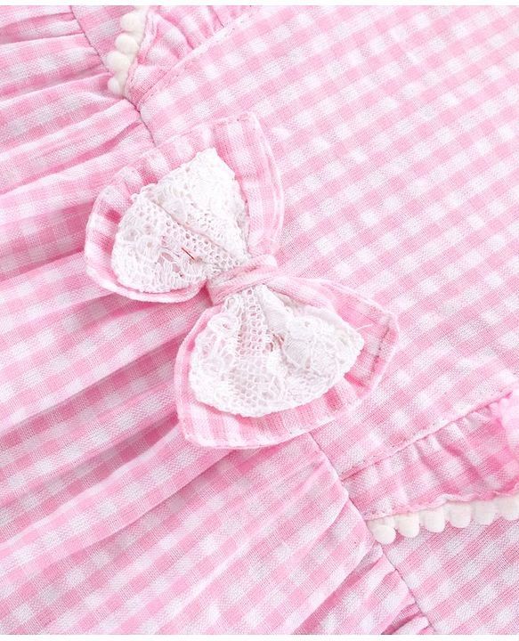 Babyhug 100 % Cotton Sleeveless Frock With Bow Applique Checks Print- Pink