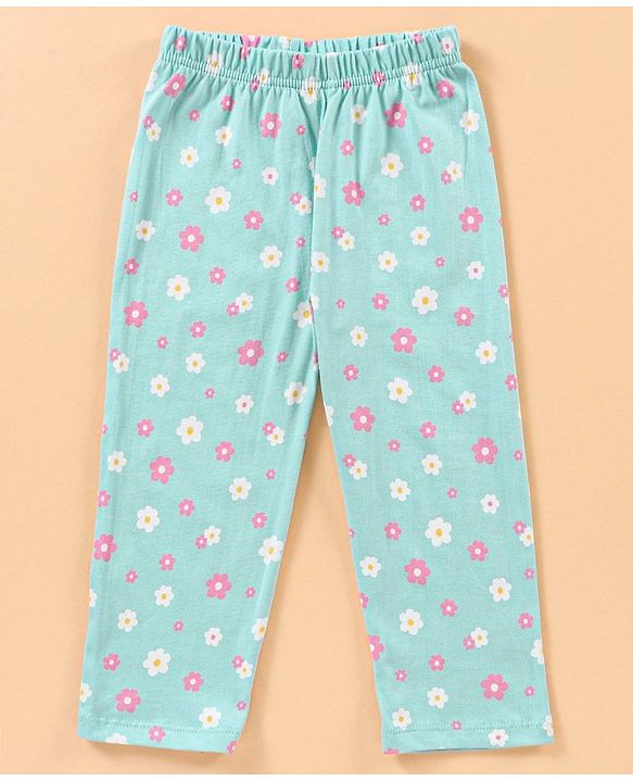 Babyhug Half Sleeves Top with Pyjama Floral Print - Blue