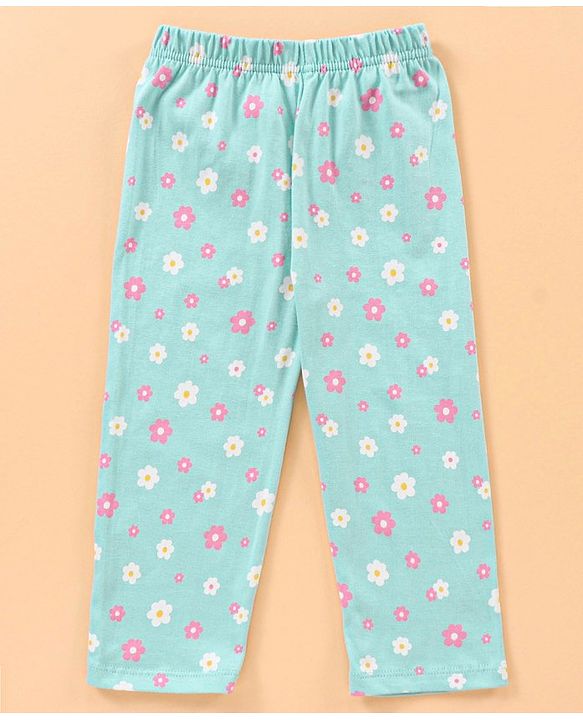 Babyhug Half Sleeves Top with Pyjama Floral Print - Blue