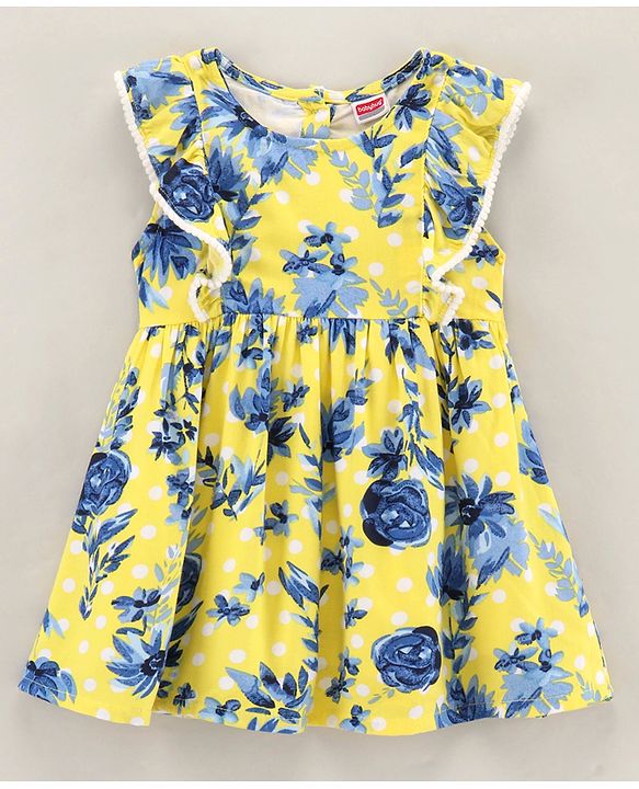 Babyhug 100% Rayon Woven Flutter Sleeves Frock Floral Print- Yellow