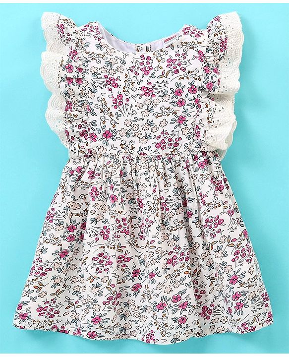 Babyhug 100% Rayon Frill Sleeves Frock With Embroidery & Floral Print- Ivory