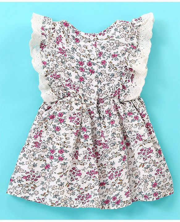 Babyhug 100% Rayon Frill Sleeves Frock With Embroidery & Floral Print- Ivory