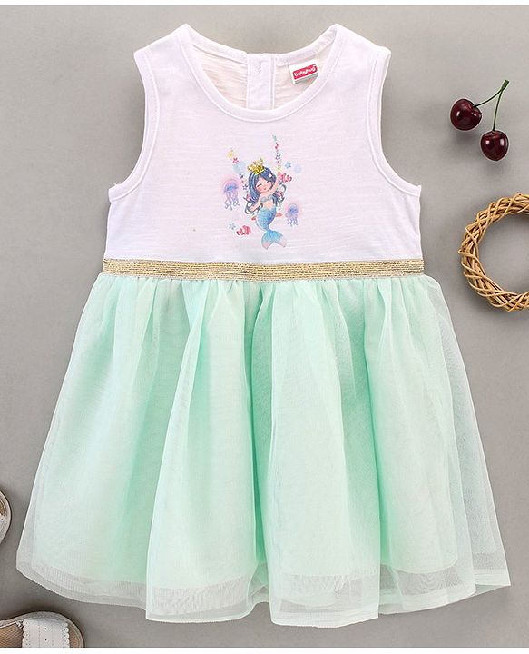 Babyhug Sleeveless Knee Length Frock Mermaid Print - White Green