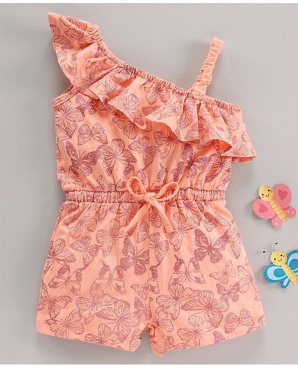 Babyhug 100% Cotton Sleeves Butterfly Prrinted Jumpsuit - Peach