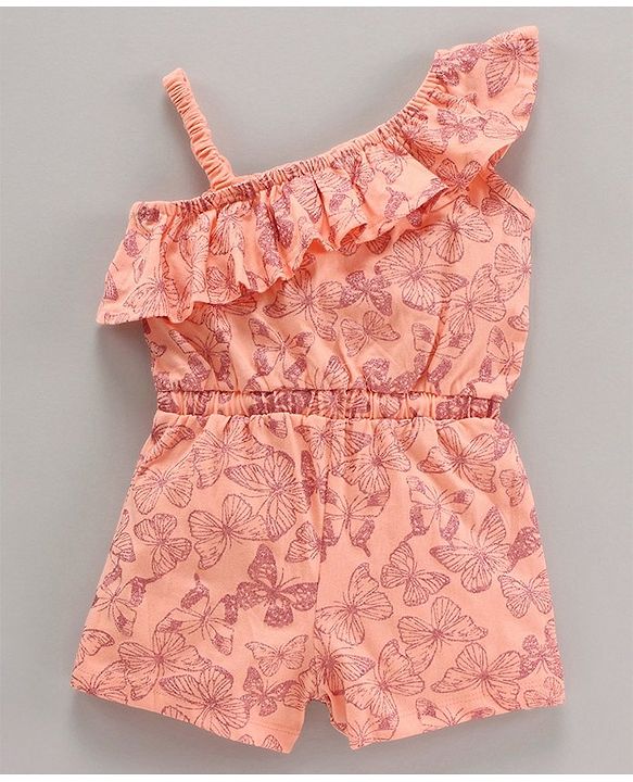 Babyhug 100% Cotton Sleeves Butterfly Prrinted Jumpsuit - Peach
