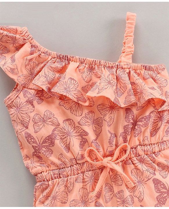 Babyhug 100% Cotton Sleeves Butterfly Prrinted Jumpsuit - Peach
