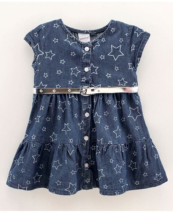 Babyhug Cap Sleeves Denim Frock With Belt Star Print - Blue