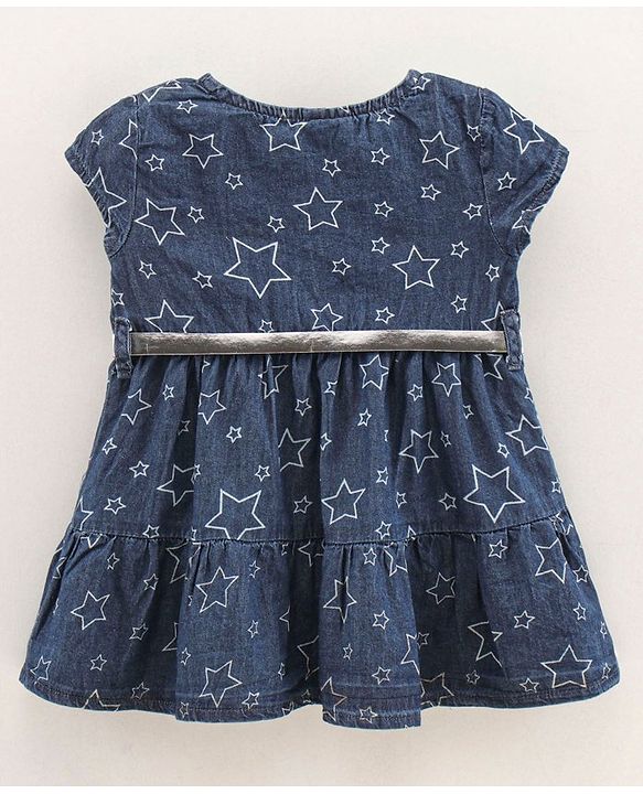 Babyhug Cap Sleeves Denim Frock With Belt Star Print - Blue