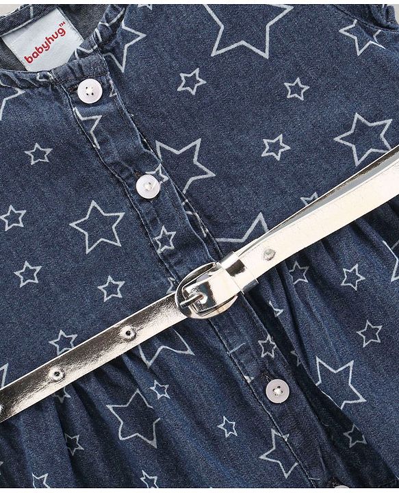 Babyhug Cap Sleeves Denim Frock With Belt Star Print - Blue