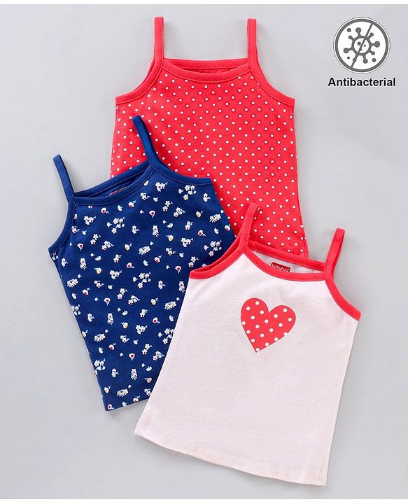 Babyhug Sleeveless Cotton Antibacterial Slips Dot Floral And Heart Print Pack Of 3 - Blue White Pink