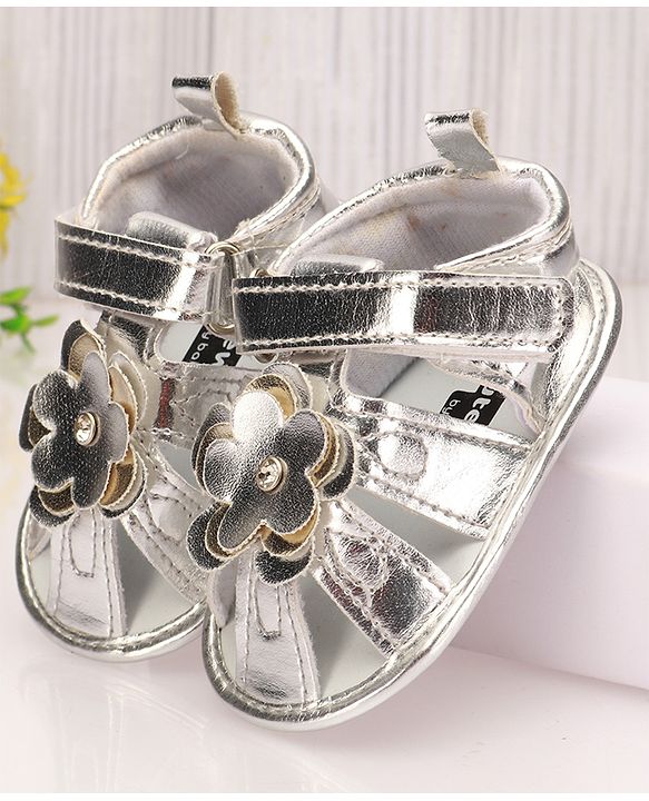 Cute Walk by Babyhug Velcro Closure Sandal Style Booties with Floral Applique - Silver