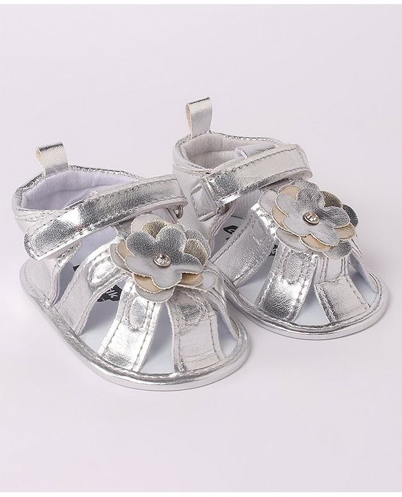 Cute Walk by Babyhug Velcro Closure Sandal Style Booties with Floral Applique - Silver