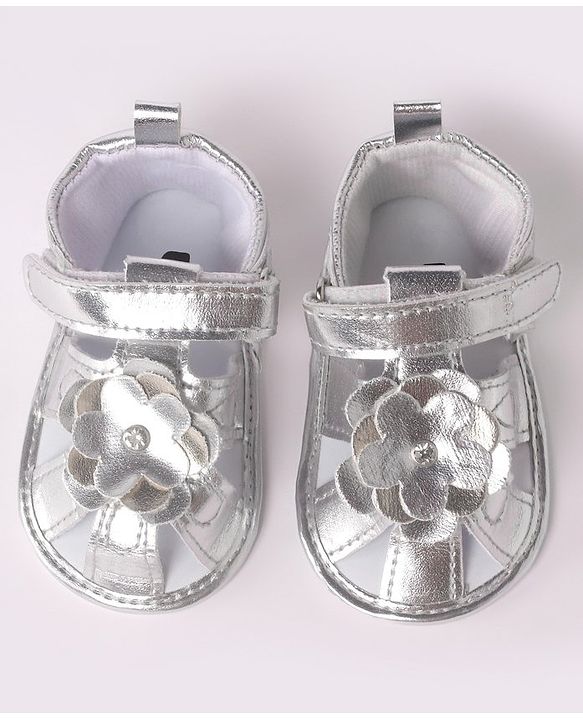 Cute Walk by Babyhug Velcro Closure Sandal Style Booties with Floral Applique - Silver
