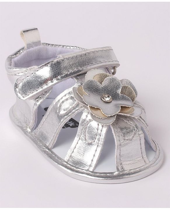 Cute Walk by Babyhug Velcro Closure Sandal Style Booties with Floral Applique - Silver