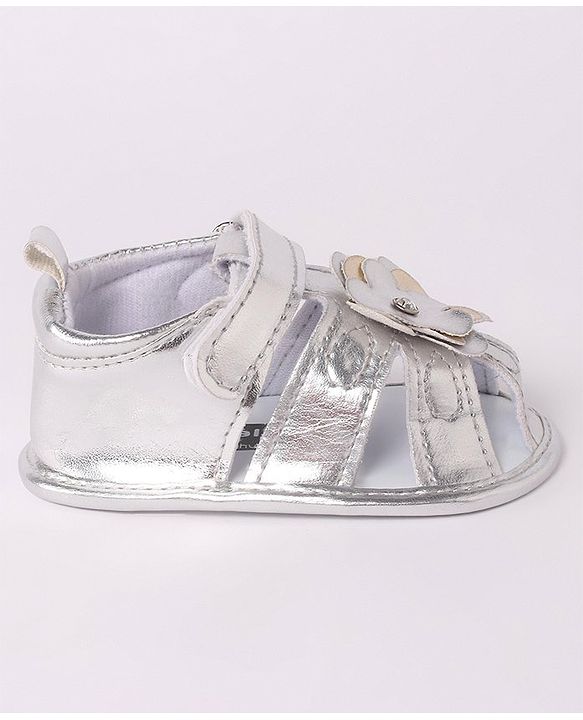 Cute Walk by Babyhug Velcro Closure Sandal Style Booties with Floral Applique - Silver