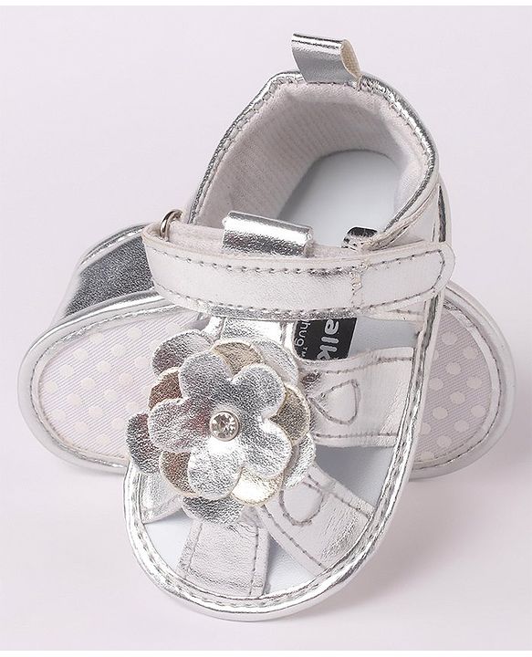 Cute Walk by Babyhug Velcro Closure Sandal Style Booties with Floral Applique - Silver