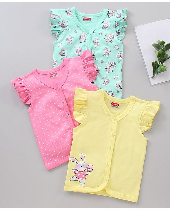 Babyhug Cap Sleeves Cotton Vests Printed Pack of 3 - Pink Blue Yellow