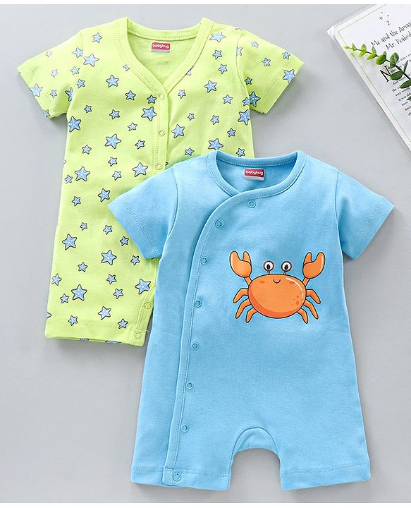 Babyhug 100% Cotton Half Sleeves Rompers Printed Pack of 2- Multicolor