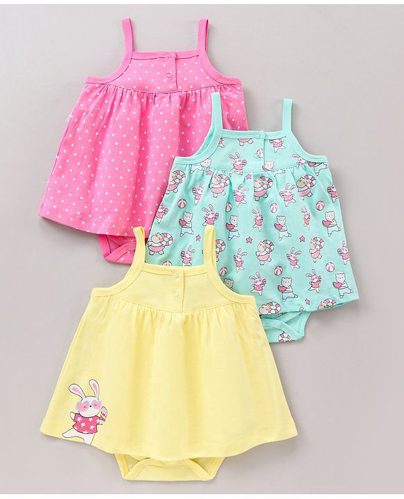 Babyhug 100% Cotton Sleeveless Onesies Dot Print Pack of 3 - Pink Yellow Blue