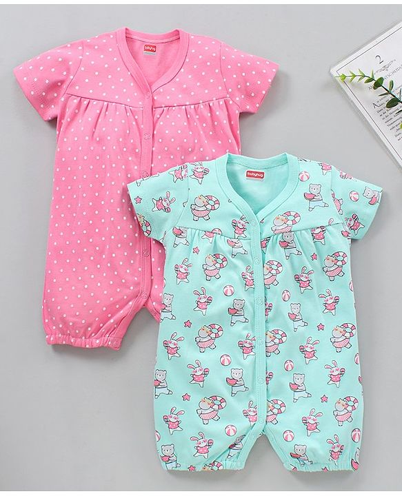 Babyhug 100% Cotton Cap Sleeves Romper Printed Pack of 2- Blue Pink