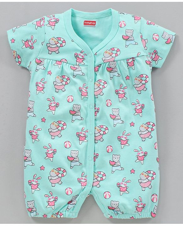 Babyhug 100% Cotton Cap Sleeves Romper Printed Pack of 2- Blue Pink