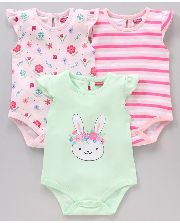 Babyhug Flutter Sleeves 100% Cotton Onesies Striped And Floral Print Pack of 3 - Pink and Blue