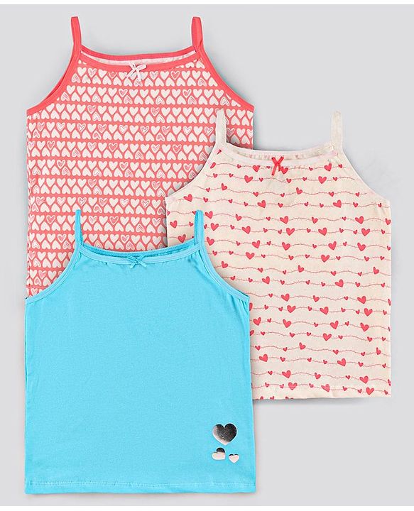 Pine Kids Sleeveless Biowashed Cotton Slips Heart Print Pack Of 3 (Colour May Vary)