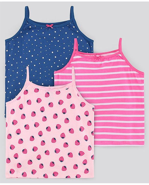 Pine Kids Anti Microbial & Bio Washed Singlet Sleeves Slips Polka Dots & Strawberry Print Pack of 3 (Color May Vary)