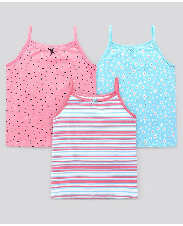 Pine Kids Sleeveless Cotton Lycra  Antimicrobial And BioWashed Slips Stripe Dot And Floral Print Pack Of 3 (Colour May Vary)