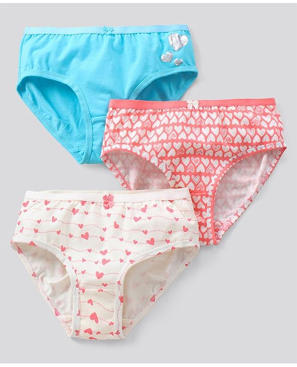 Pine Kids Cotton Lycra Biowashed Panties Heart Print Pack Of 3 (Colour May Vary)