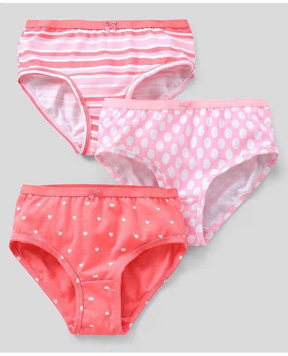 Pine Kids Cotton Lycra Biowashed Panties Heart Stripe And Dot Print Pack Of 3 (Colour May Vary)