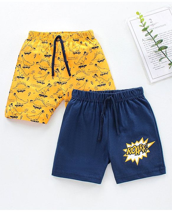 Babyhug Knit Shorts Dino & Text Print Pack of 2 - Lime Navy