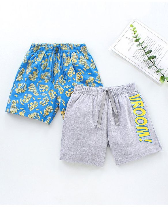Babyhug Knit Shorts Vehicles & Text Print Pack of 2 - Blue Grey